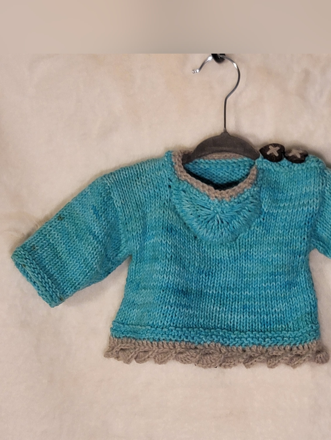 Handknit Baby Sweater In Aqua With Wool Lace Trim